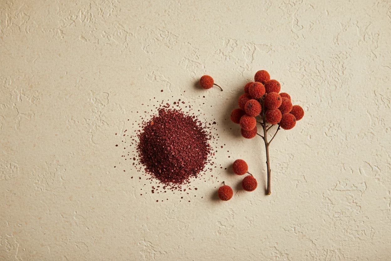 Sumac is sour with apple acid, and red with a blackberry's pigment