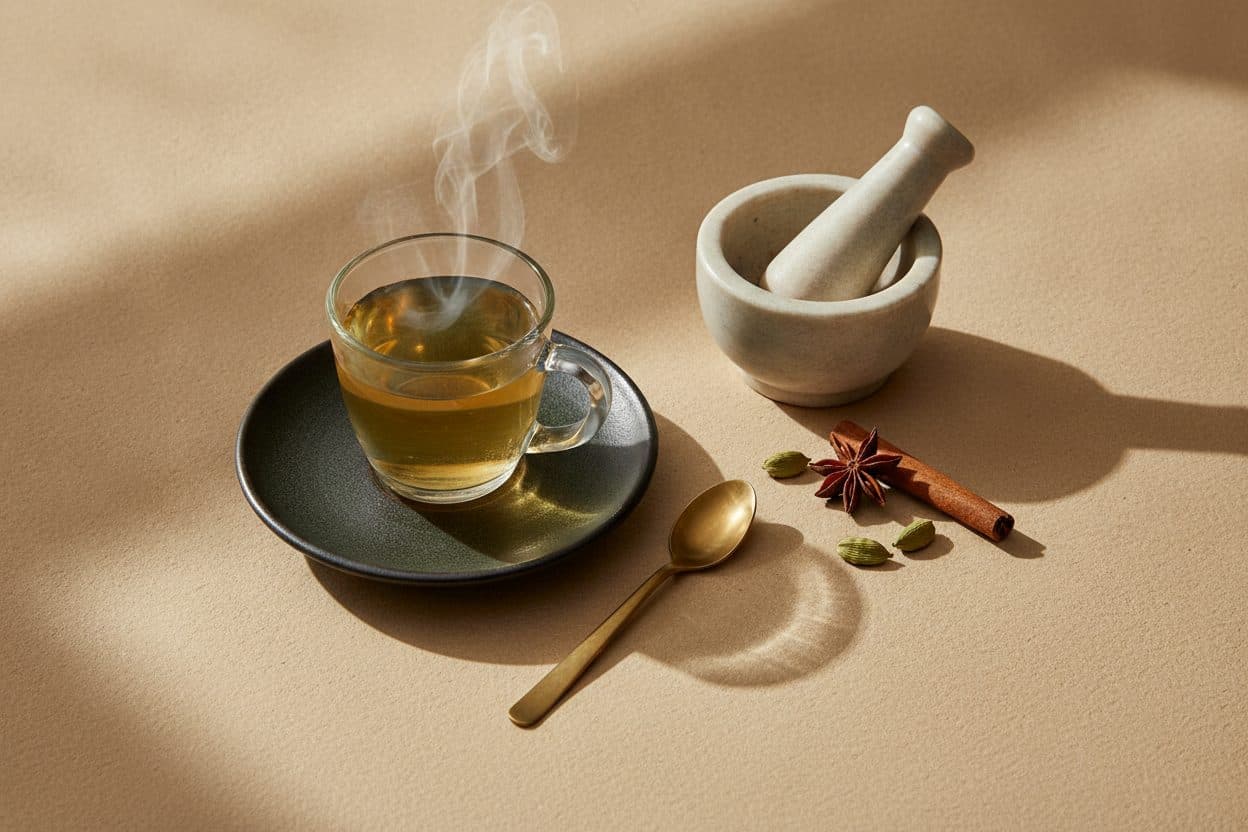 A mortar, a kettle, and scattered spices on a worn apothecary table