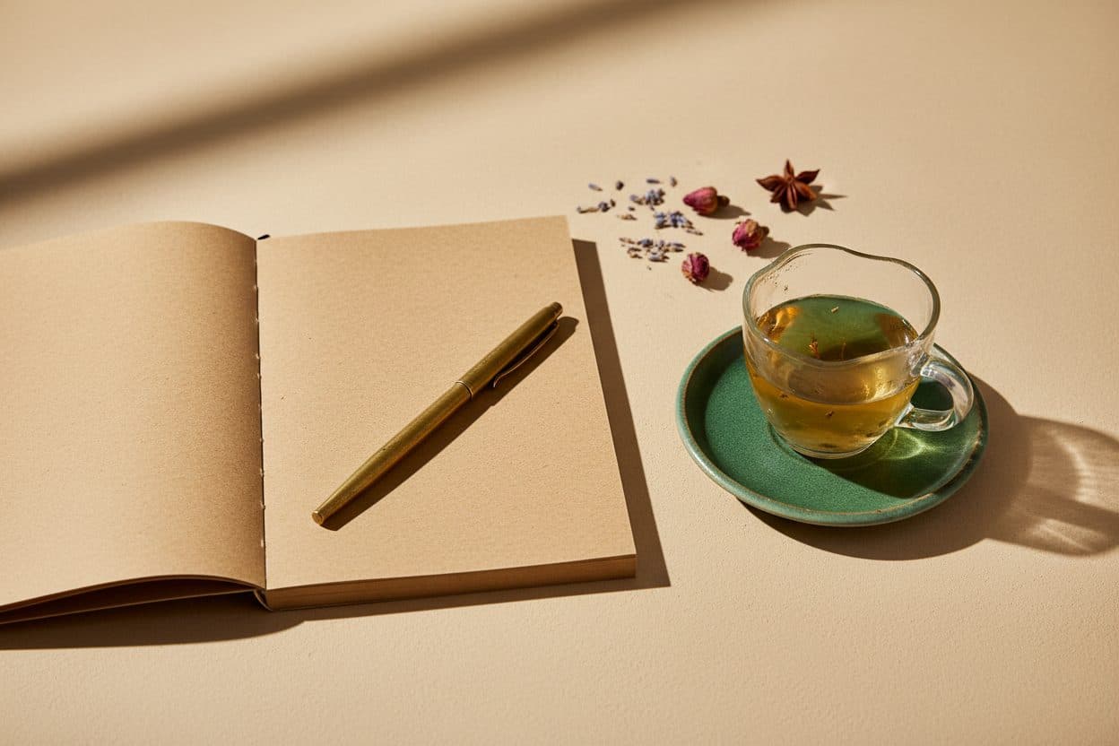An open notebook beside dried botanicals and a steaming cup