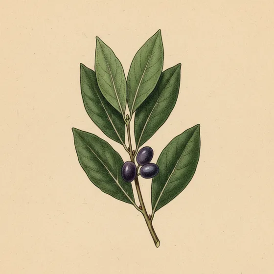 Bay laurel, Laurus nobilis: stiff elliptical dark-green leaves with wavy margins and a cluster of purple-black berries