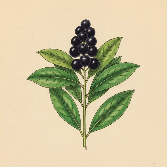 Cherry laurel, Prunus laurocerasus: thick glossy oblong leaves with toothed edges and a spike of black cherry-like fruits