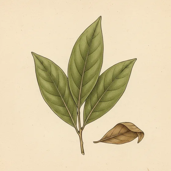 Indian bay leaf, tej patta, Cinnamomum tamala: broad leaves with three parallel veins from base to tip