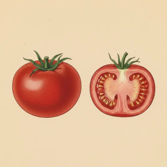 Botanical plate of a tomato, whole and cut across to show seeds embedded in flesh
