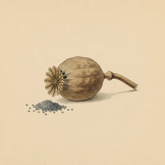 Botanical plate of a tipped poppy seed head with seeds spilled beside its crown of pores