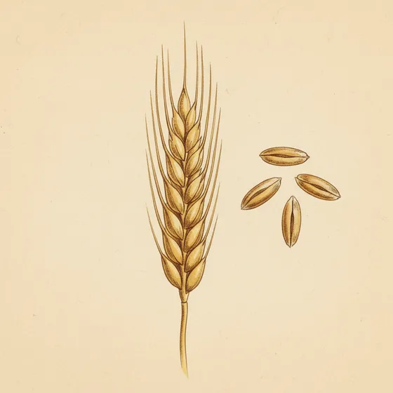 Botanical plate of a wheat ear beside creased wheat grains