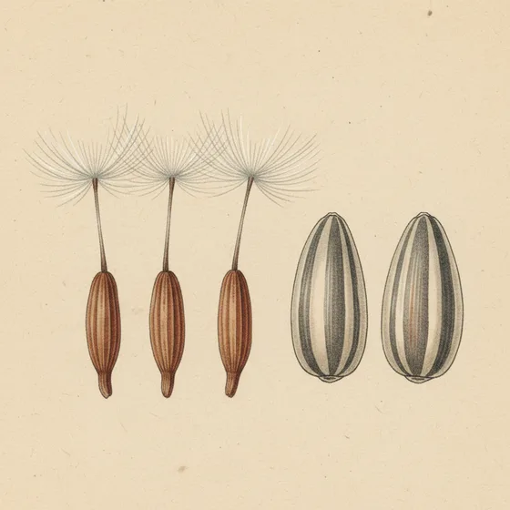 Botanical plate of dandelion fruits with silky parachutes beside striped sunflower seeds
