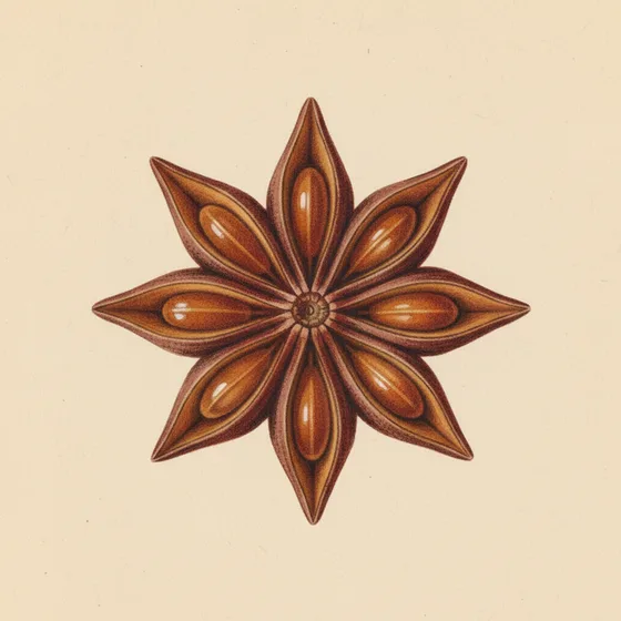 Botanical plate of a star anise from above, each carpel split along one seam showing its seed