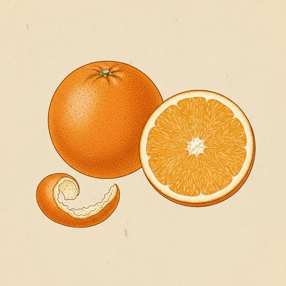 Botanical plate of an orange, whole and halved, with a curl of oil-glanded peel