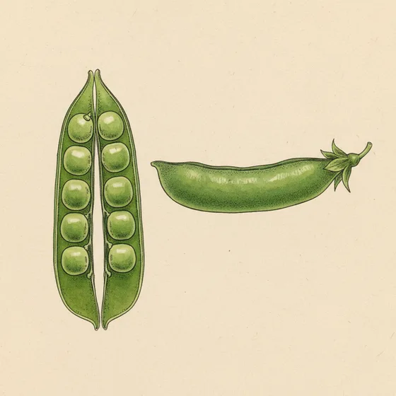 Botanical plate of a pea pod split open along both seams, a row of peas inside