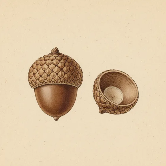 Botanical plate of an acorn in its scaly cup beside an empty cup