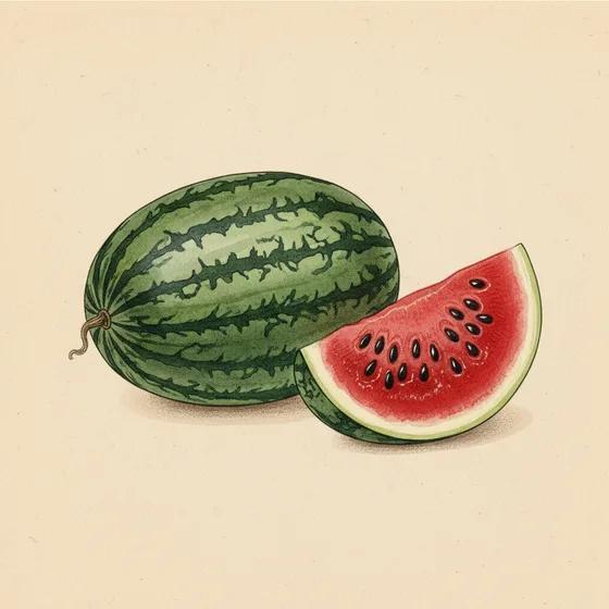Botanical plate of a watermelon, whole and cut into a wedge showing the thick rind
