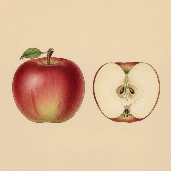 Botanical plate of an apple, whole and halved to show the papery core