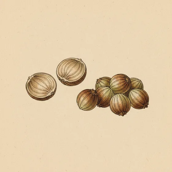 Botanical plate of a coriander fruit split into its two hollow mericarps