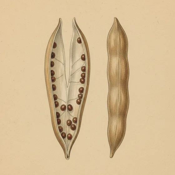 Botanical plate of a mustard pod opened to show seeds on a translucent central partition