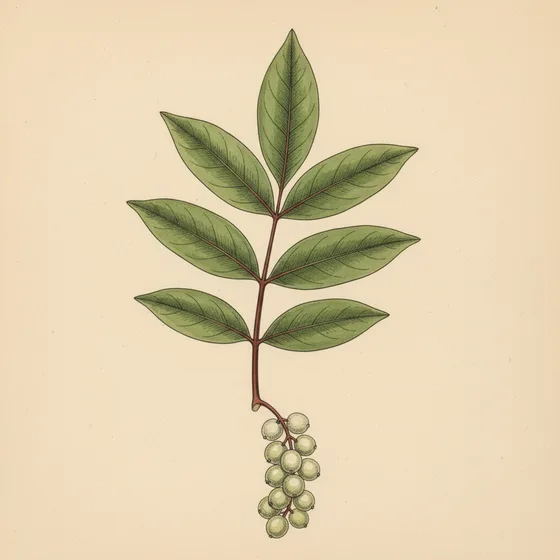 Toxicodendron vernix, poison sumac: smooth-edged glossy leaflets on red stalks and a drooping cluster of waxy white berries