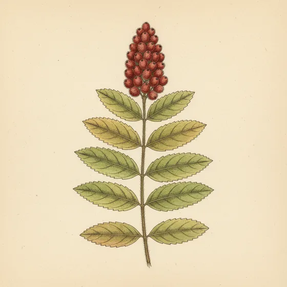 Rhus coriaria: a pinnate leaf of toothed leaflets and an upright cone of fuzzy brick-red drupes