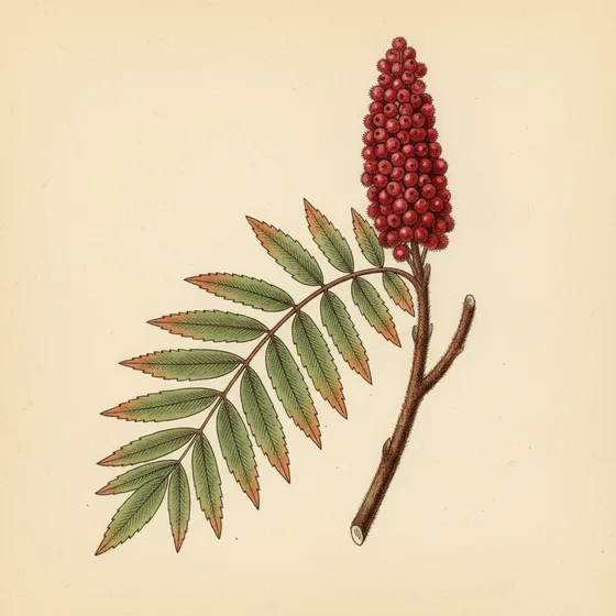 Rhus typhina, staghorn sumac: a long pinnate leaf on a velvety twig with a tall cone of crimson drupes